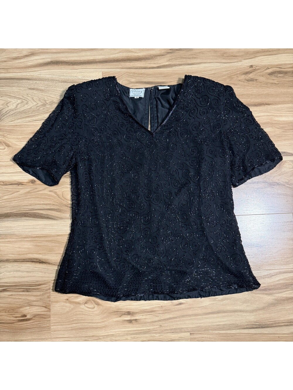 Vintage Stenay Black Beaded Silk Evening Top V Neck Mob Wife XL